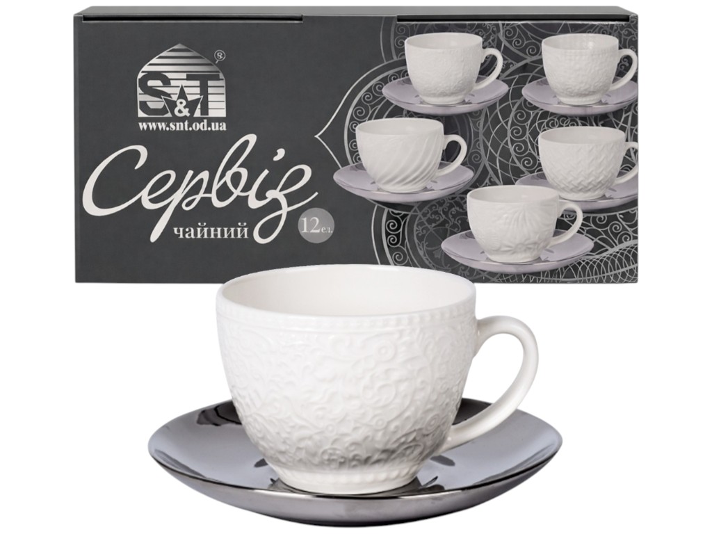 Сервиз чайный Silver Kurumi, фарфор, 250мл, 15см, цвет белый с серебром (цена за 12 предметов)