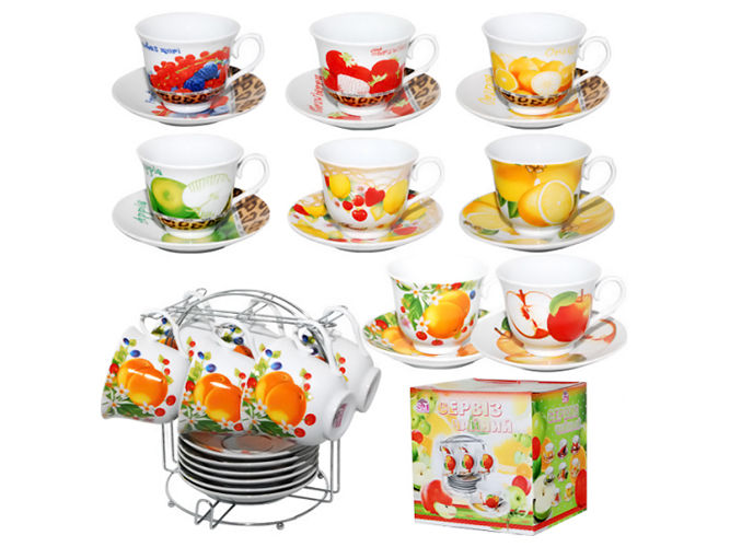 Сервиз чайный на подставке Фрукты 12 предметов (чашка 250мл, блюдце 14см)