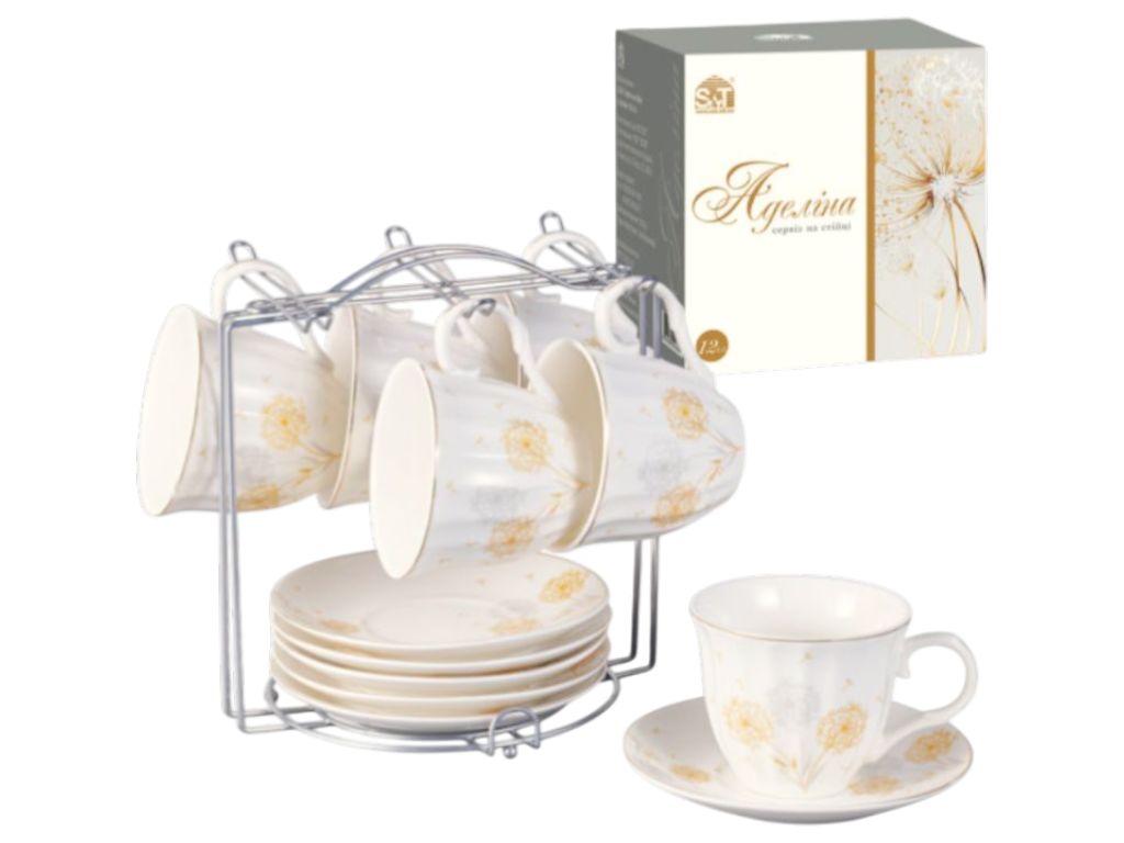 Сервиз S&T Парасольки Аделина, 250 мл, блюдце 14 см, на подставке, фарфор, цвет белый