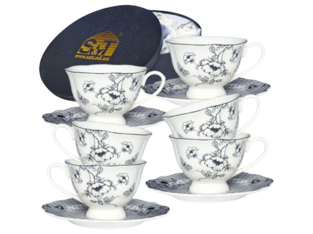 Сервиз чайный S&T Felix, 12 предметов, 180 мл, 15.5 см, цвет белый с серым графическим узором
