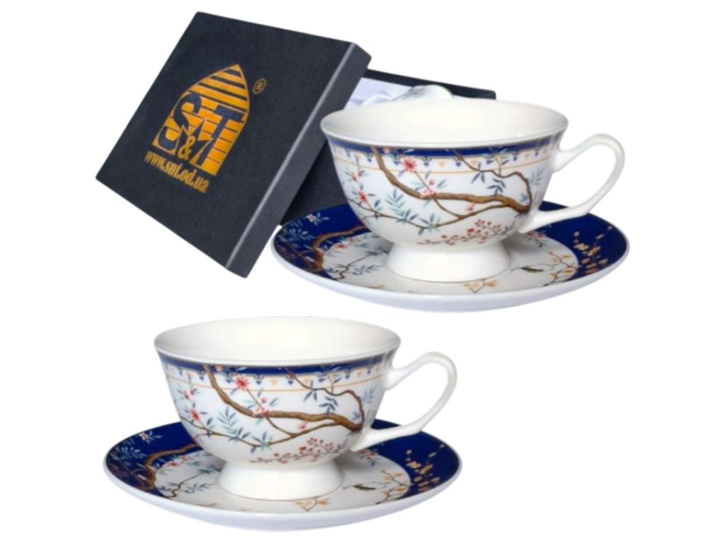 Сервіз чайний S&T Shepard, 4 предмети, 200 мл, 15 см, колір синій з малюнком гілок та птахів