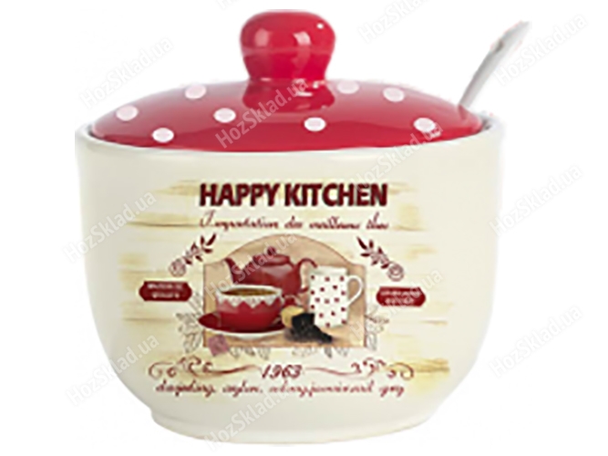 Сахарница с ложкой Happy Kitchen, d-11см, h-7,5см, 450мл (без упаковки)