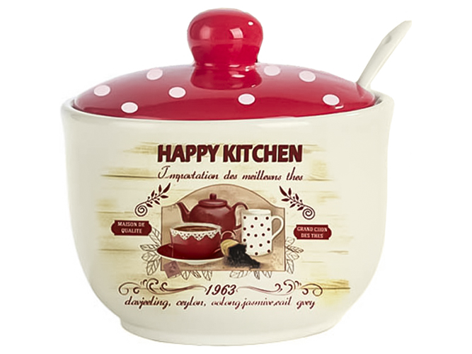 Сахарница с ложкой Happy Kitchen, d-11см, h-7,5см, 450мл (без упаковки)