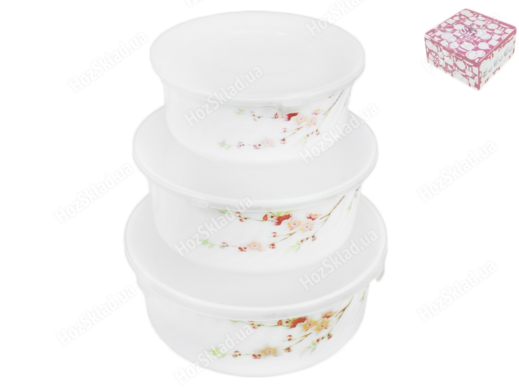 Набір салатників склокерамічних з кришкою Японська вишня (61122) (ціна за набір 3шт)