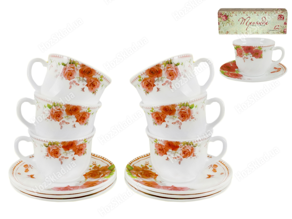 Набор чайный 12 предметов Роза 190мл (002)