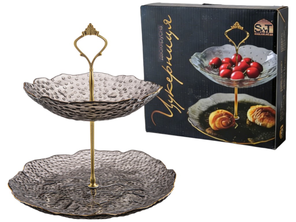 Конфетница Агат, 2-ярусная, стекло, 26х20х25см, цвет черный