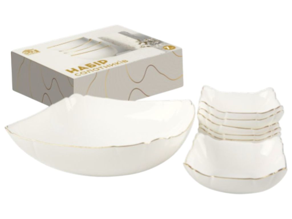 Набор салатников S&T, 7 штук, 1.5 л и 6 по 200 мл, золотой кант, стеклокерамика, цвет белый