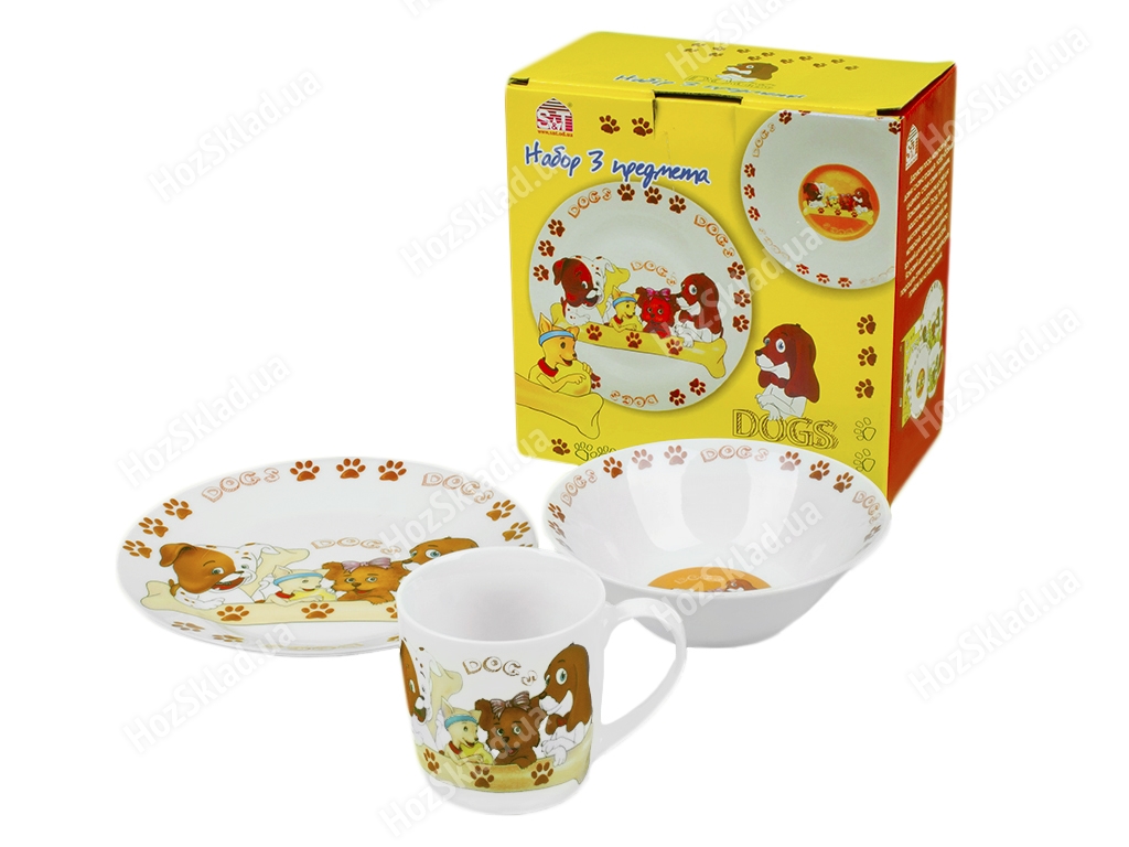 Набор детской керамической посуды в яркой подарочной упаковке Игривые щенки (3 предмета)