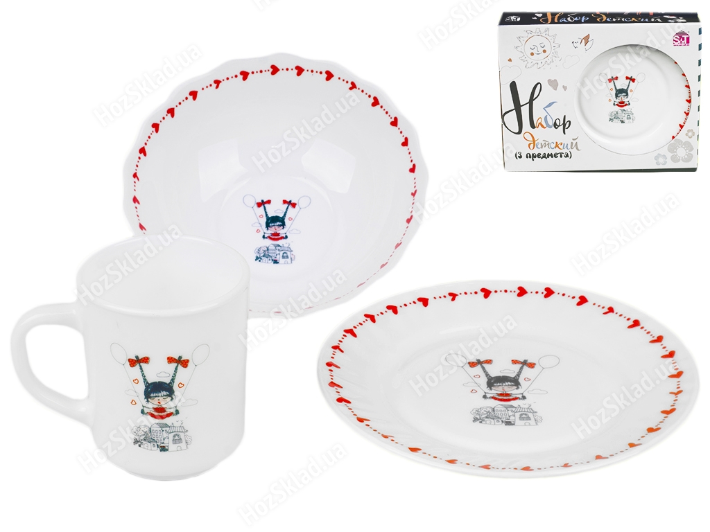 Набор детской керамической посуды Девочка в яркой подарочной упаковке  (3 предмета)