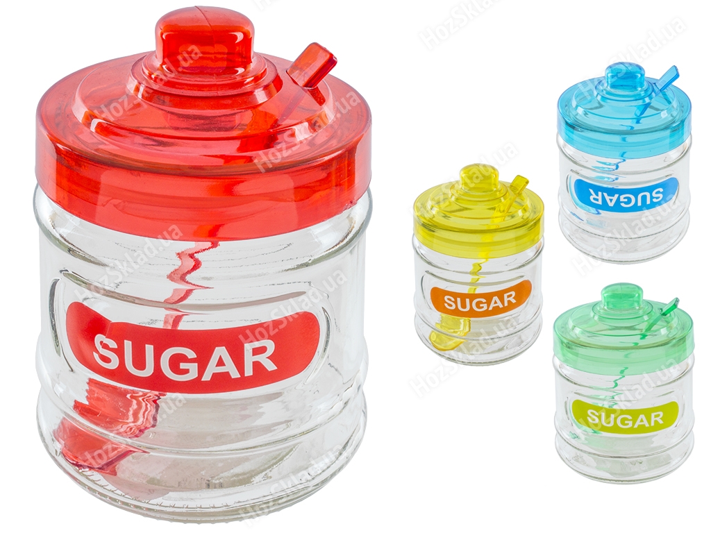 Сахарница стеклянная с ложкой микс 4 цвета 320мл (цена за 1шт)