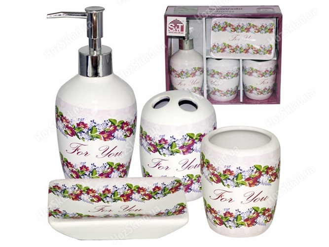 Набор аксессуаров для ванной комнаты керамический Цветочный вальс (цена за набор 4 предмета)