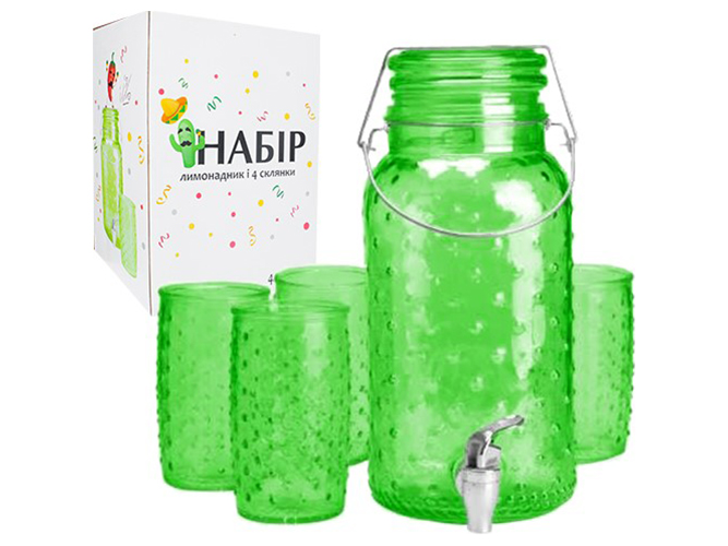 Набір для напоїв Кактус 5 предметів (лимонадник 4л, склянка 550мл)