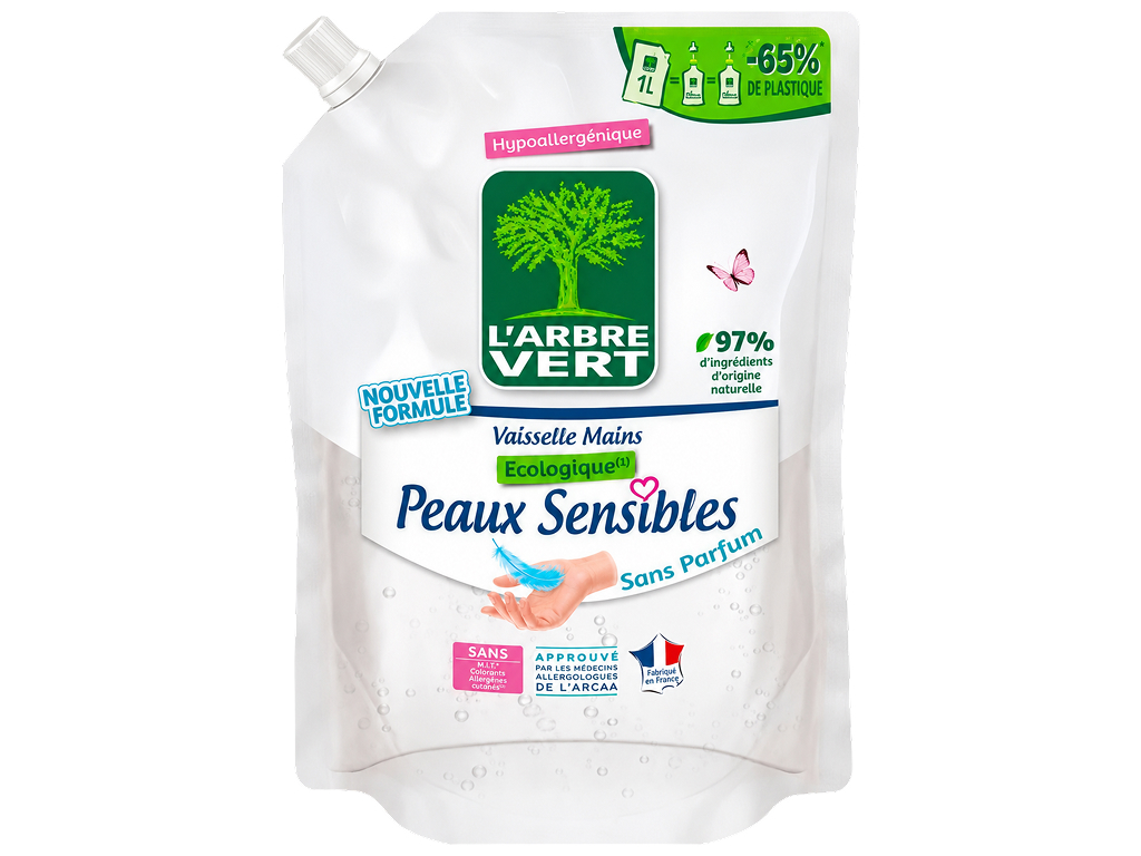 Гель для мытья посуды L’Arbre Vert Sensitive Skin, без запаха, запасной блок, 1 л Гель для мытья посуды L’Arbre Vert Sensitive Skin, без запаха, запасной блок, 1 л