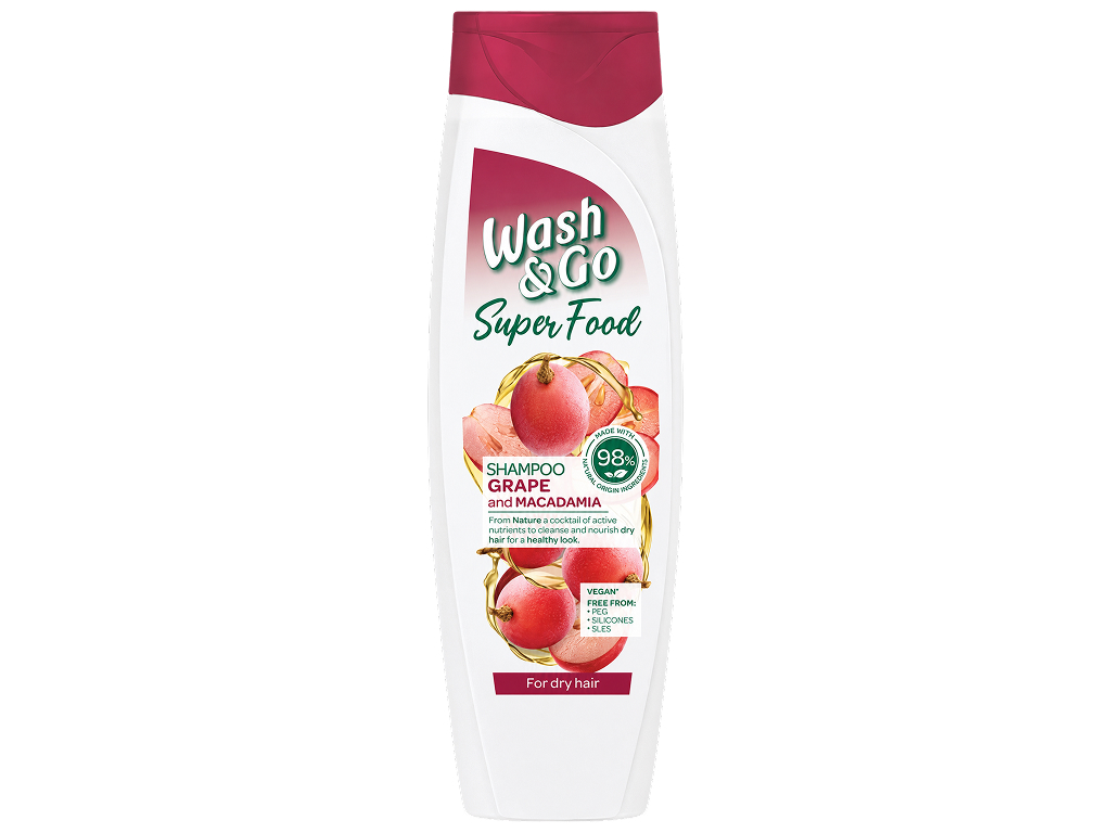 Шампунь Wash and Go Super Food, виноград и макадамия, для сухих волос, 400 мл