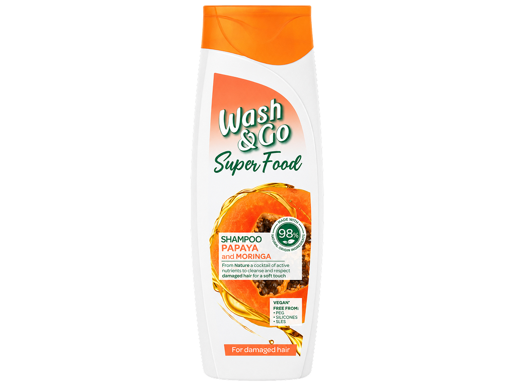 Шампунь Wash and Go Super Food, папайя и моринга, для поврежденных волос, 400 мл