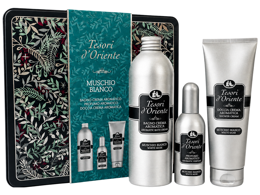 Подарунковий набір Tesori d’Oriente White Musk, у металевій коробці, 3 предмети