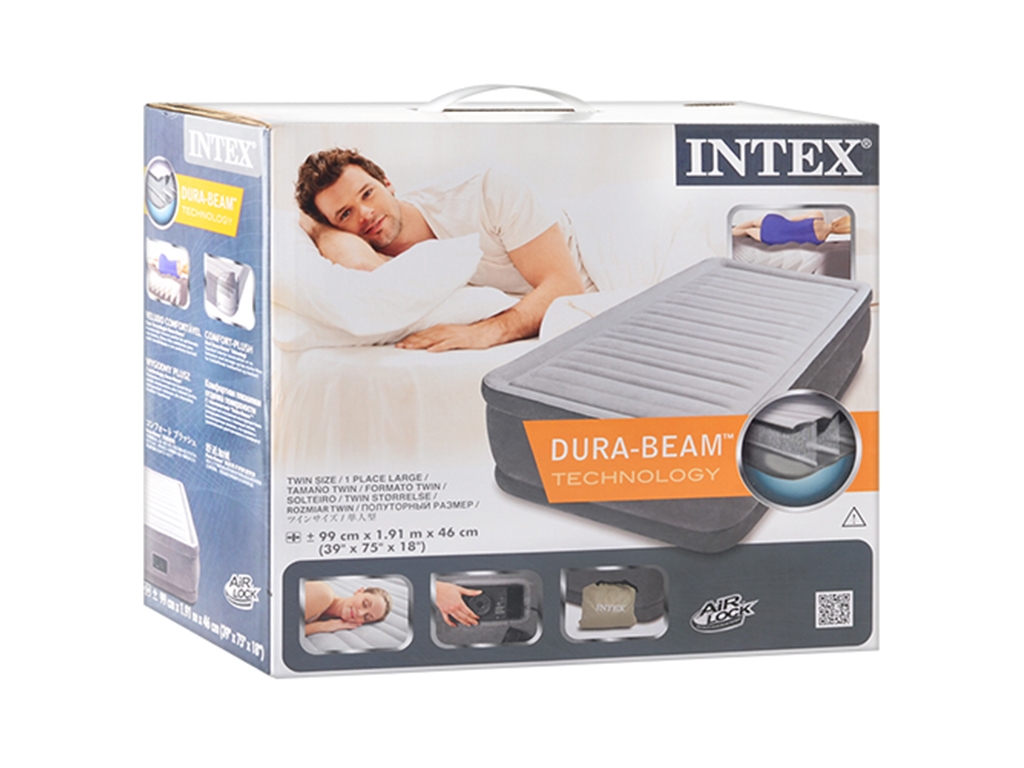 Надувная кровать Intex 64412, Dura-Beam deluxe, встроенный электронасос, 191×99×46см, цвет серый