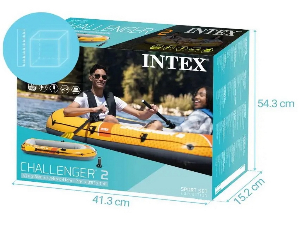 Човен надувний двомісний 236x114x41 см, весла та насос у комплекті, 66312, Intex
