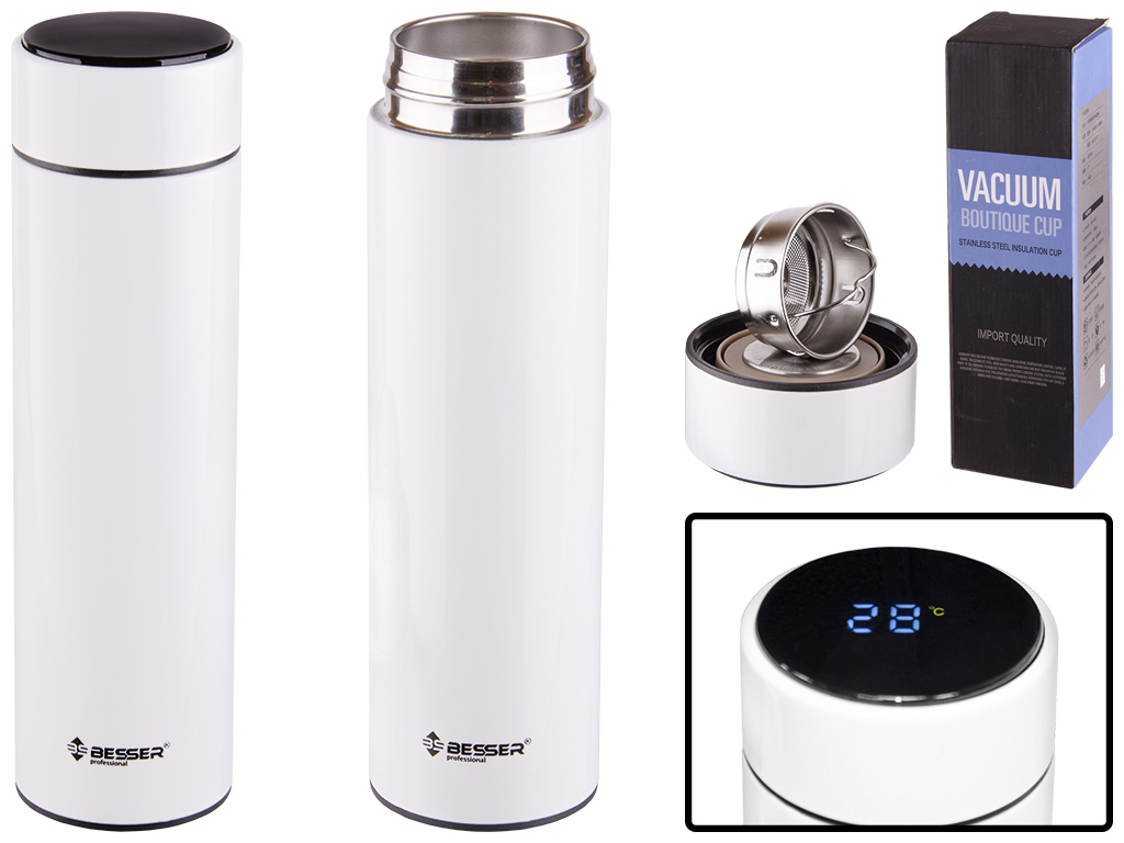 Термос Besser Professional з індикатором температури і фільтром - сито White, 6,2х6,2х23см, 430мл