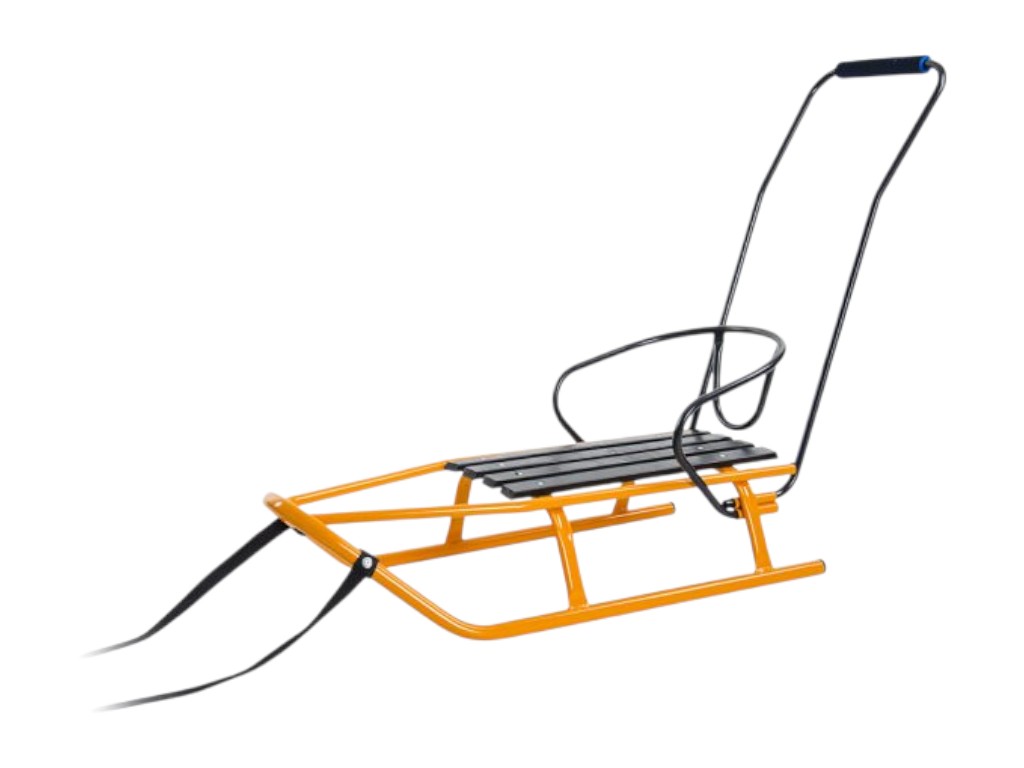 Санки детские с ручкой-толкателем Шершень, оранжевые, со спинкой и ремнем безопасности