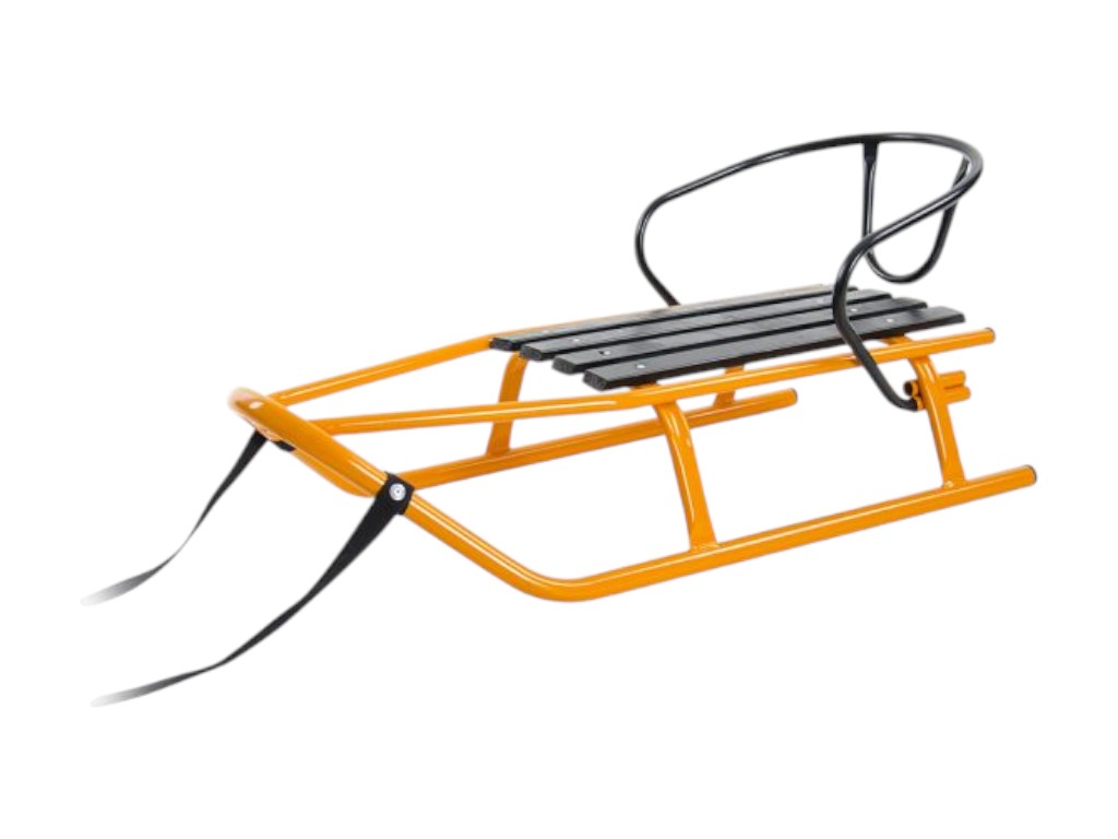 Санки детские с ручкой-толкателем Шершень, оранжевые, со спинкой и ремнем безопасности