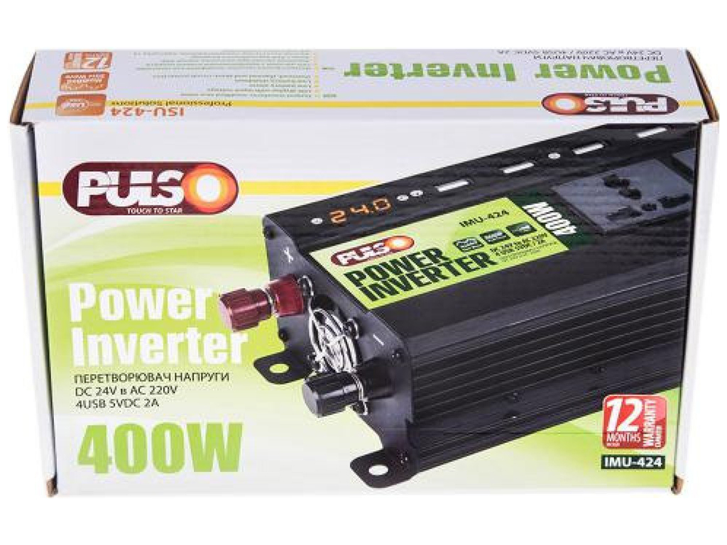 Преобразователь напряжения PULSO (IMU-424) 24V-220V, 400W, 4USB-5VDC2.0A, LED, мод.волна, клеммы