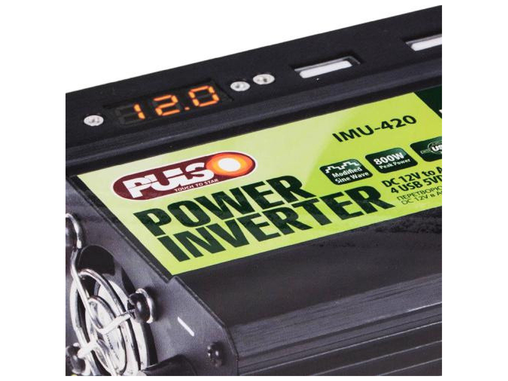 Преобразователь напряжения PULSO (IMU-420) 12V-220V, 400W, 4USB-5VDC2.0A, LED, мод.волна, клеммы