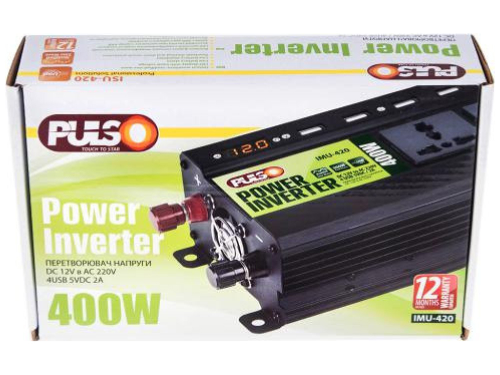 Преобразователь напряжения PULSO (IMU-420) 12V-220V, 400W, 4USB-5VDC2.0A, LED, мод.волна, клеммы