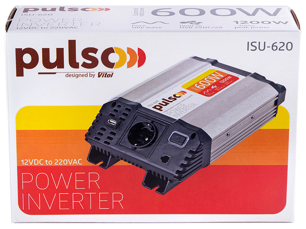 Преобразователь напряжения PULSO, 12V-220, 600W, USB - 5VDC2.0A, синусоидальная волна, клеммы (ISU-6