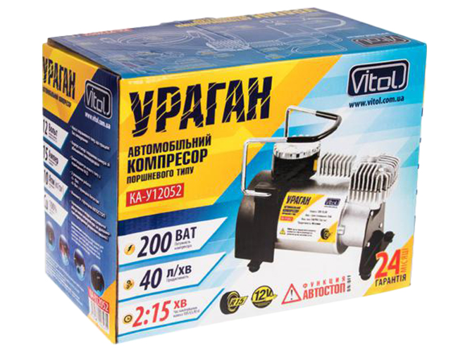 Компрессор "Ураган" КА-У12052 150psi 15A 40л прикуриватель+переходник, Автостоп 2 режима
