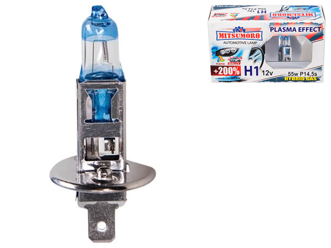 Автолампа MITSUMORO, Н1, 12v, 55w, P14,5s +200 plasma effect (ближний, дальний, ПТФ)
