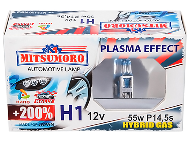 Автолампа MITSUMORO, Н1, 12v, 55w, P14,5s +200 plasma effect (ближний, дальний, ПТФ)