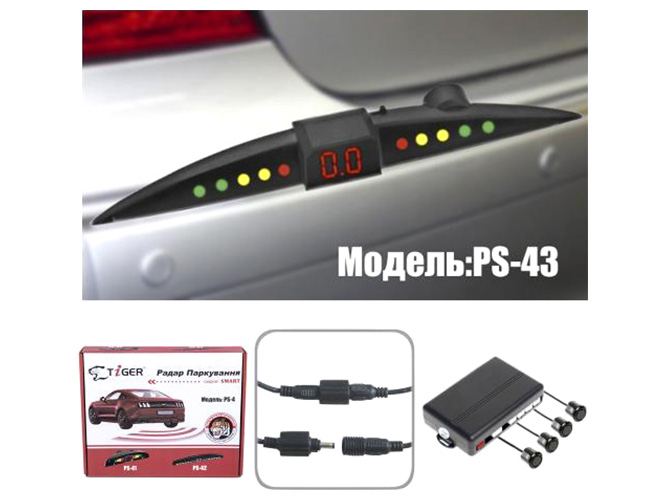 Парктроник TIGER PS-43, LED, 4 датчика, D=18мм, коннектор, черный