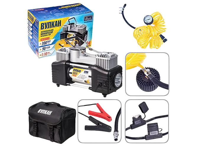 Компрессор "Вулкан" КА-В12122 150psi 25A 90л клеммы, шланг 7,5м с дефлятором, фонарь, 2 цилиндра