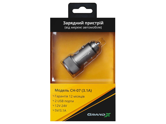 Автомобильное зарядное устройство Grand-X 3,1A, 12-24В, 2USB dark grey metallic (CH-07DG)