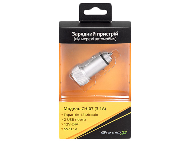 Автомобильное зарядное устройство Grand-X 3,1A, 12-24В, 2USB light grey metallic (CH-07LG)