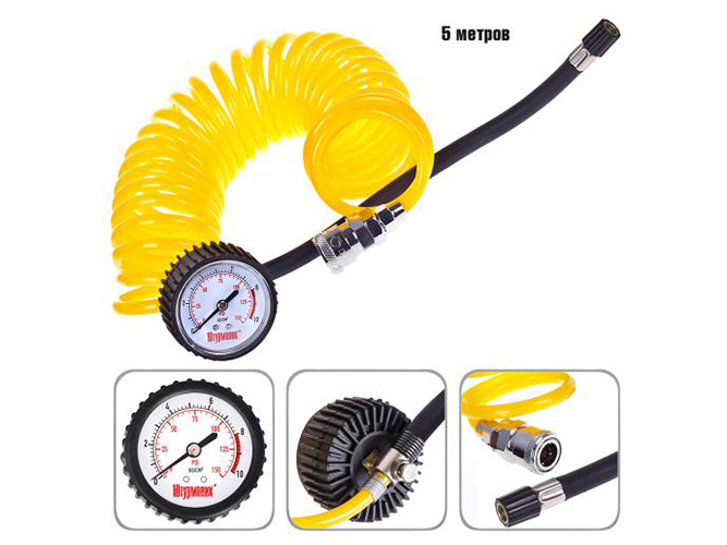 Шланг воздушный "Штурмовик" спиральный с манометром, дефлятор (АС-104), 5м