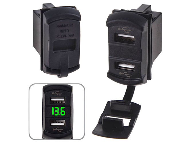 Автомобільний зарядний пристрій 2 USB 12-24В 2,1A урізний+вольтметр зелене світло