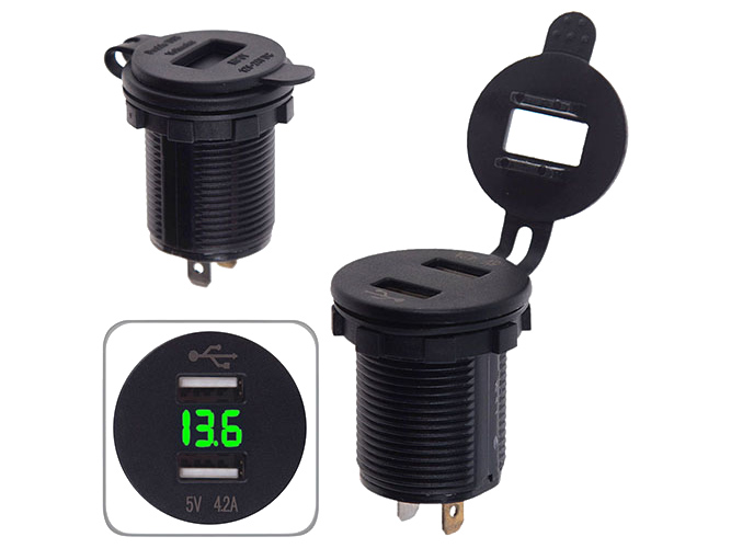 Автомобільний зарядний пристрій 2 USB 12-24В 4,2A урізний в планку+вольтметр зелене світло