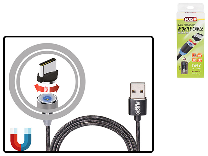 Кабель магнитный PULSO MC-2301C BK USB-Type C 2,4А, 1м, black только зарядка