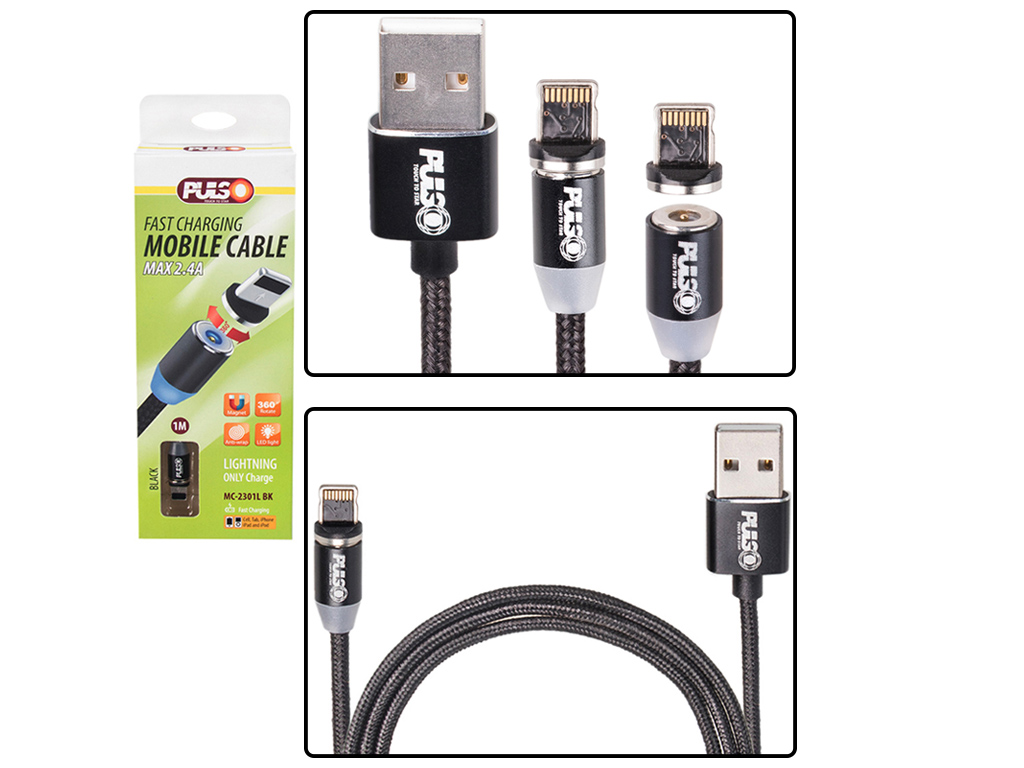 Кабель магнитный PULSO USB - Lightning 2,4А, 1m, black (только зарядка)