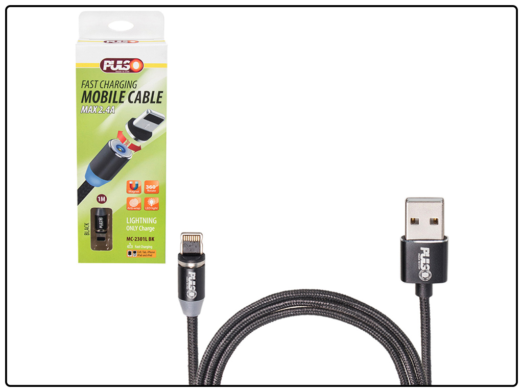Кабель магнитный PULSO USB - Lightning 2,4А, 1m, black (только зарядка)