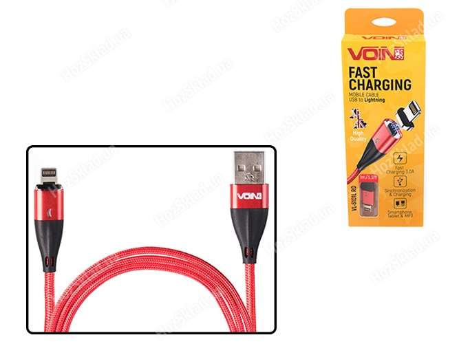Кабель магнитный VOIN USB - Lightning 3А, 1m, red (быстрая зарядка/передача данных)