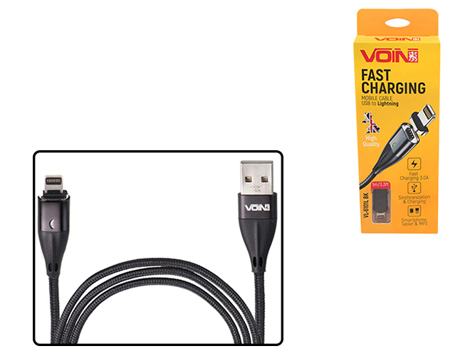 Кабель магнитный VOIN USB - Lightning 3А, 1m, black (быстрая зарядка/передача данных)
