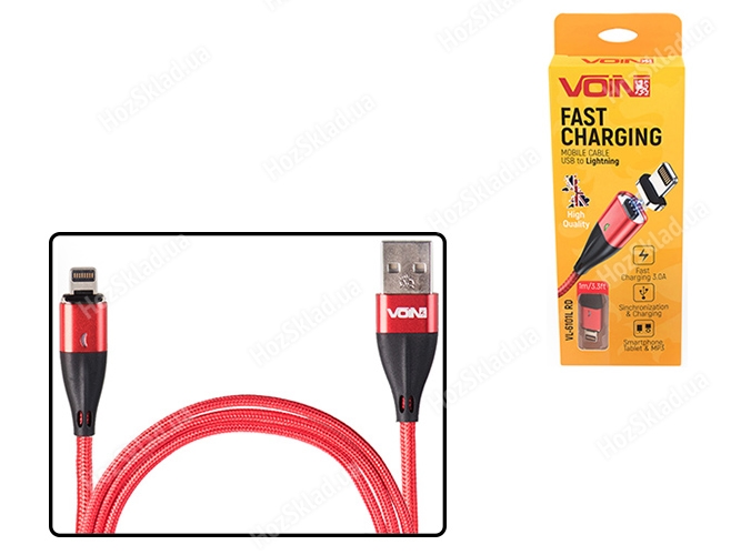 Кабель магнитный VOIN USB - Lightning 3А, 2m, red (быстрая зарядка/передача данных)