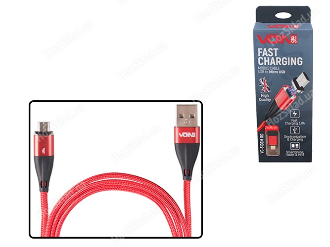 Кабель магнітний VOIN USB - Micro USB 3А, 2m, red (швидка зарядка/передача даних)