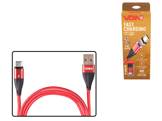 Кабель магнитный VOIN USB - Type C 3А, 2m, red (быстрая зарядка/передача данных)