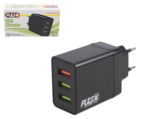 Сетевое зарядн. устройство PULSO 30W, 3 USB, QC3,0 (Port 1-5V, 3A/9V, 2A/12V, 1,5A, Port 2/3-5V2,4A)