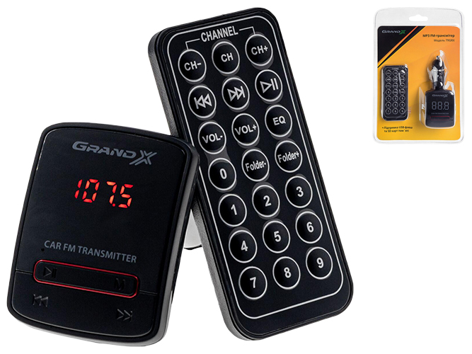 FM-трансмиттер Grand-X CUFM79GRX, AUX, USB 0,5A, SD card, mini-jack 3,5мм
