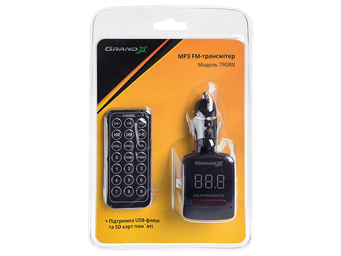 FM-трансмиттер Grand-X CUFM79GRX, AUX, USB 0,5A, SD card, mini-jack 3,5мм